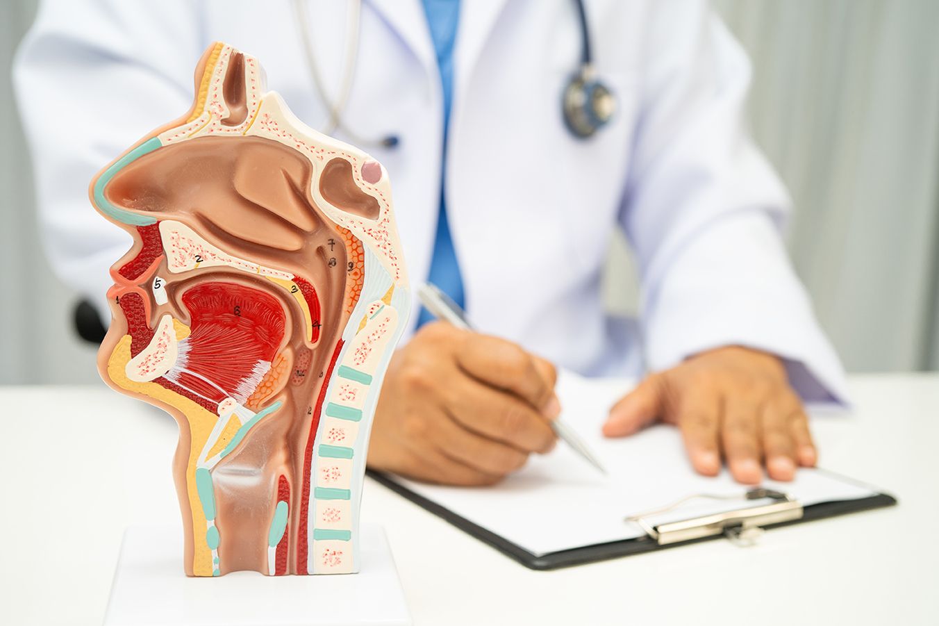 A doctor with an anatomical diagram of a throat.